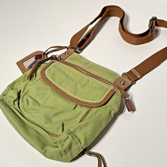 Vintage Fossil Boho Festival Crossbody Canvas Bag Purse Green Brown 10x10x3 (P3) - Picture 5 of 15